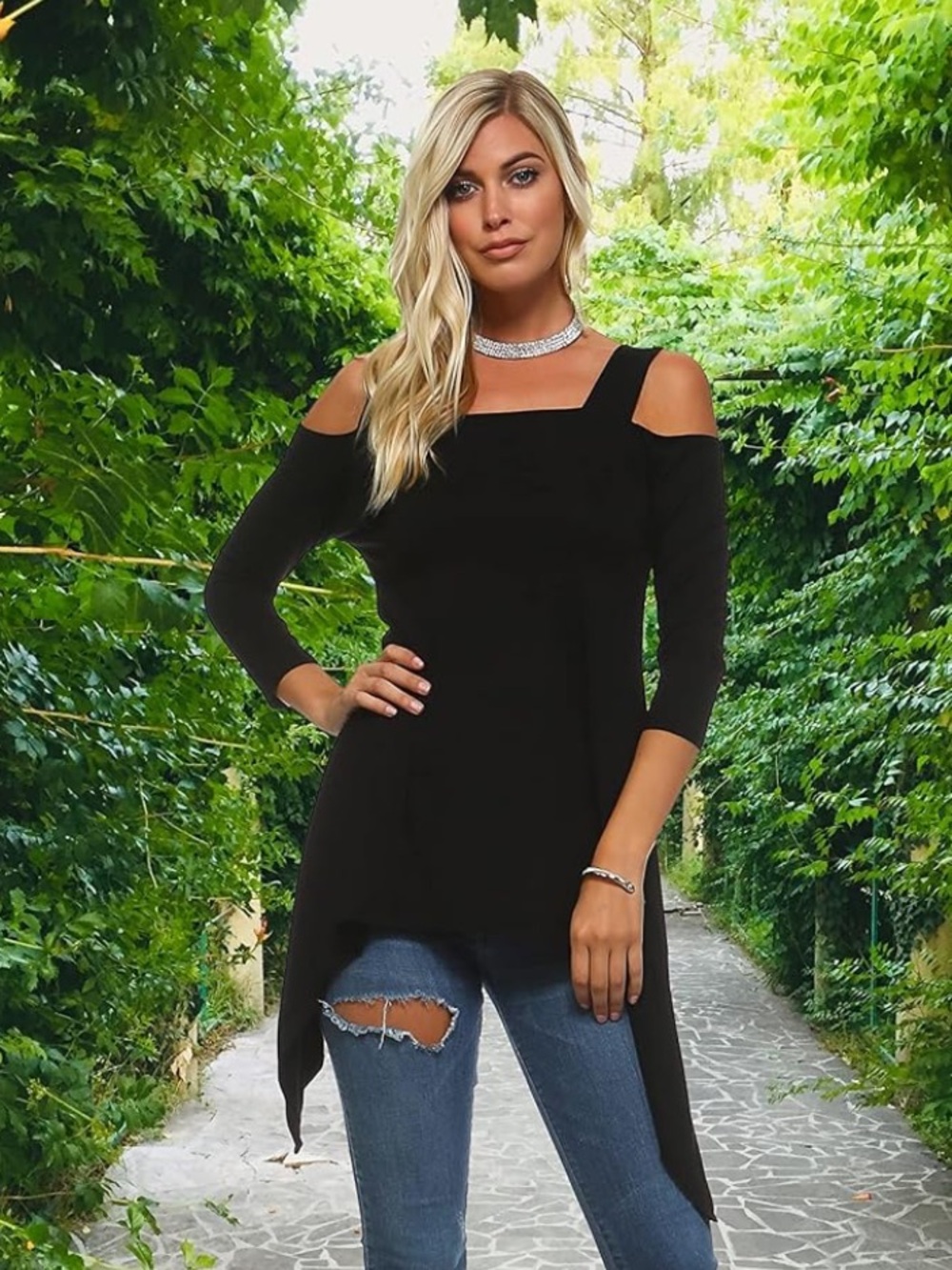 Cold-Shoulder Black Asymmetric Tunic Top - Women